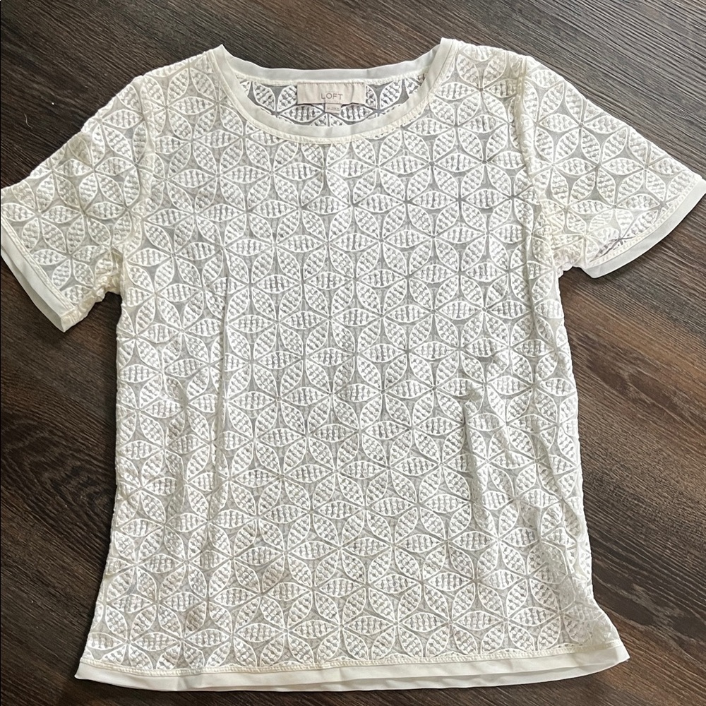 LOFT Cream Geometric Lace Tee